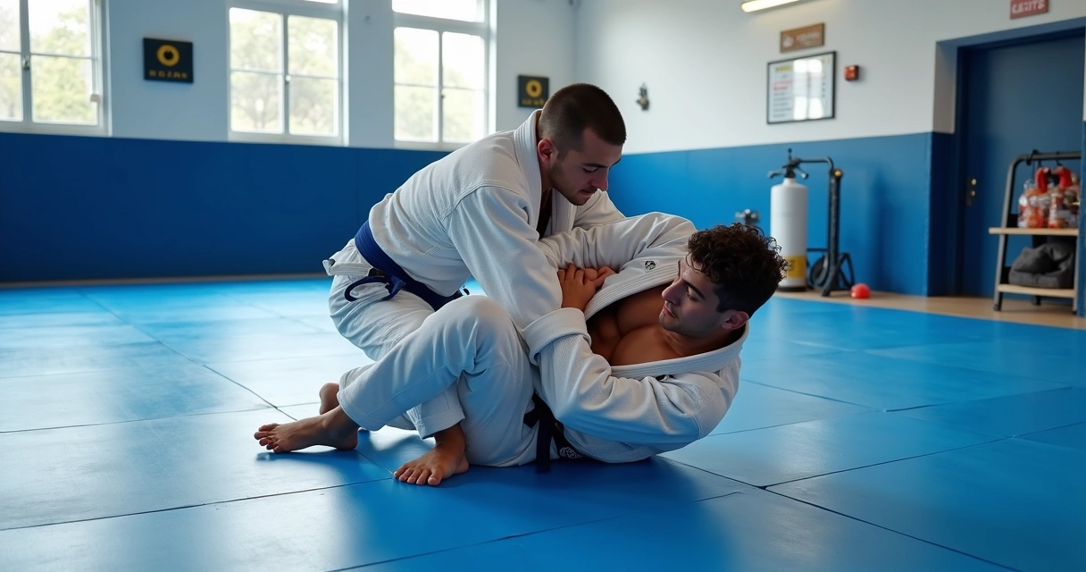 Two BJJ practitioners performing a sweep technique on the mat with detailed grips and positioning
