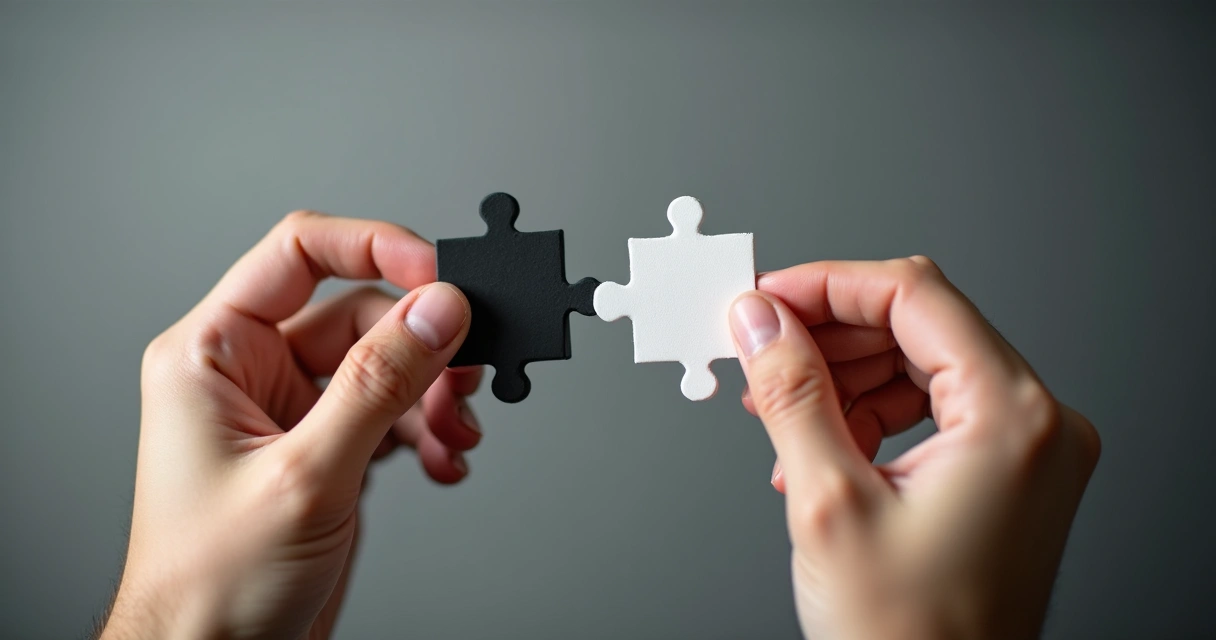 Two hands holding puzzle pieces, one black and one white, fitting together