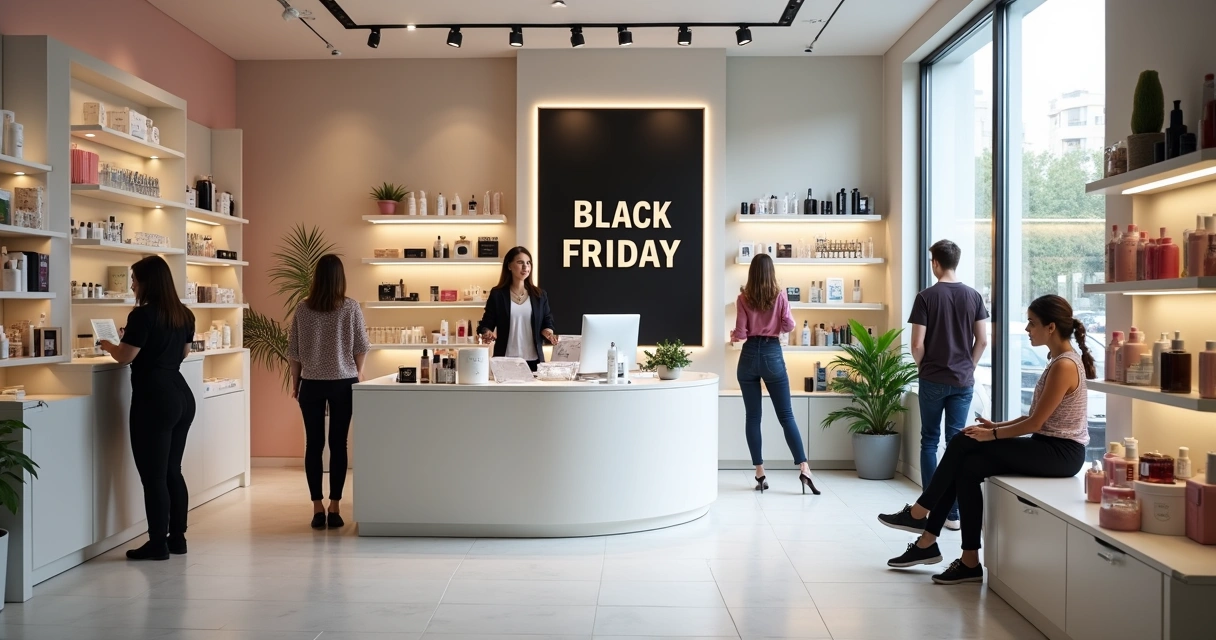 Ambiente de clínica de estética decorado para Black Friday, com atendente sorrindo ao lado de banner promocional 