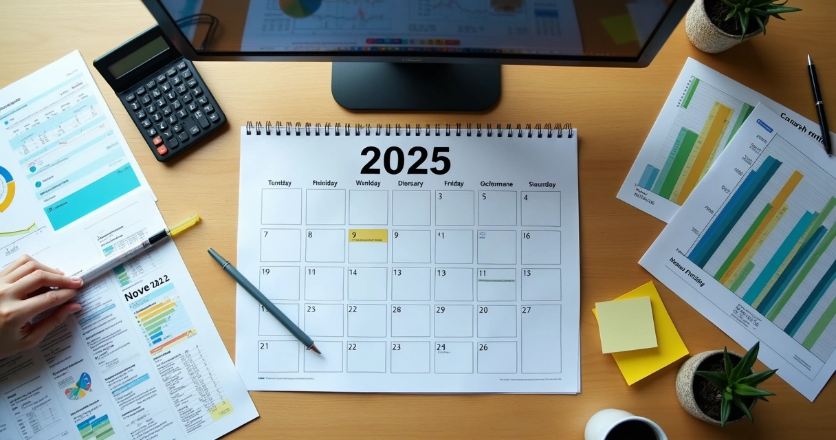 Mesa de escritório contábil com relatórios e destaque para data Black Friday 