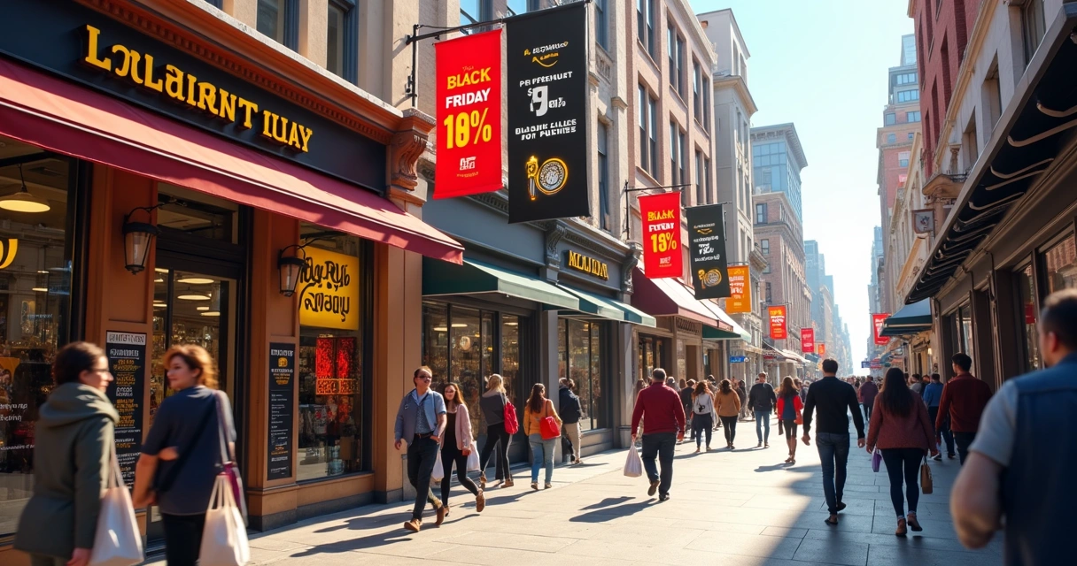 Lojas com vitrines decoradas para a Black Friday em novembro 