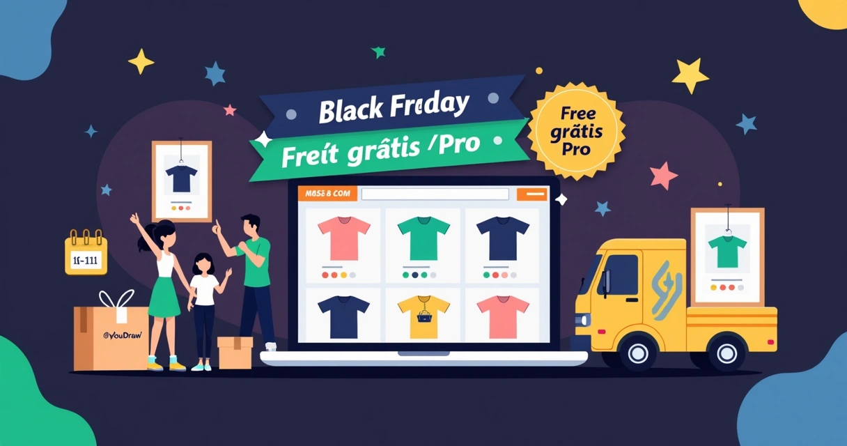 Ilustração de Black Friday da YouDraw com destaque para frete grátis para clientes Pro 