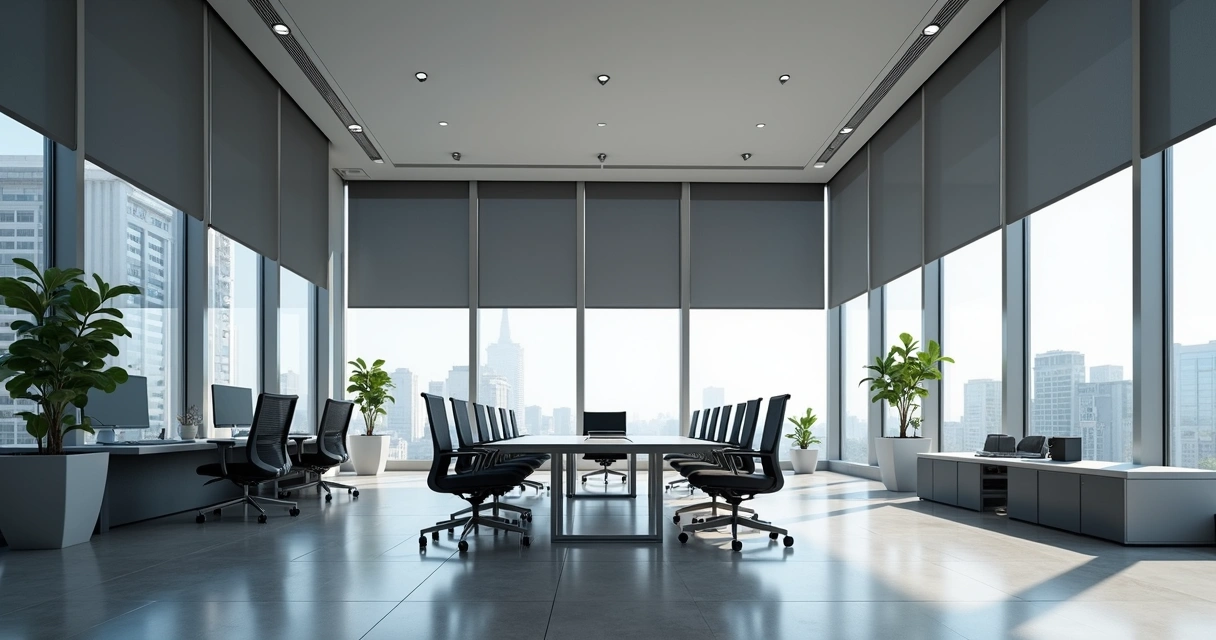 Cortina blackout instalada em escritório corporativo moderno 