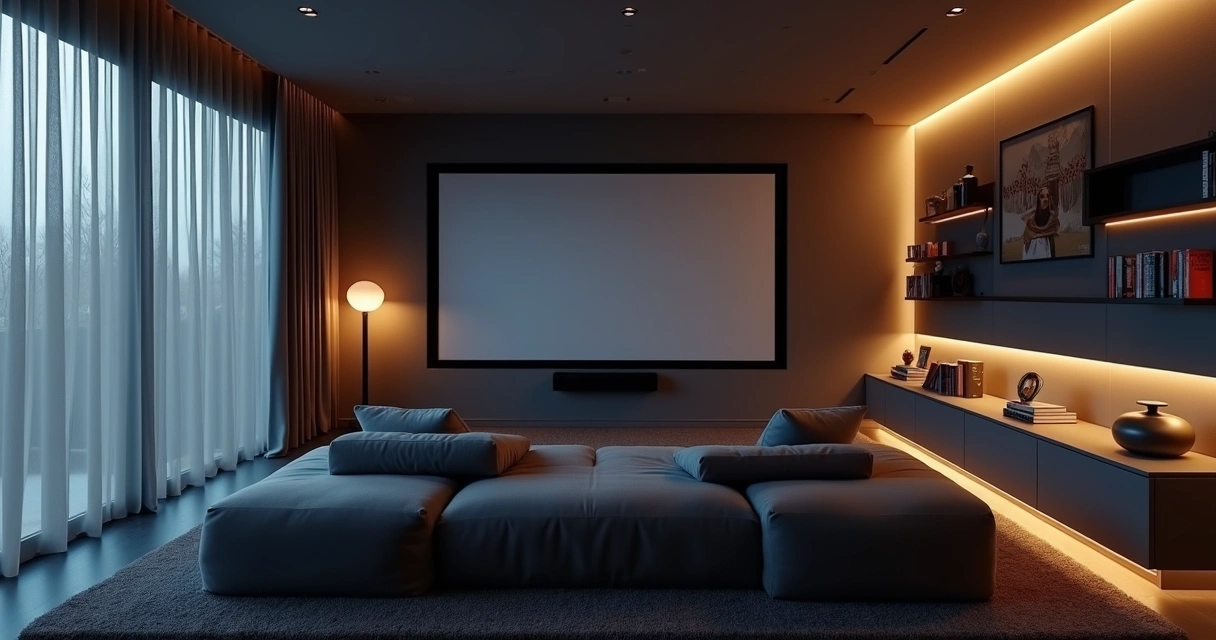 Ambiente de home theater com cortinas blackout 