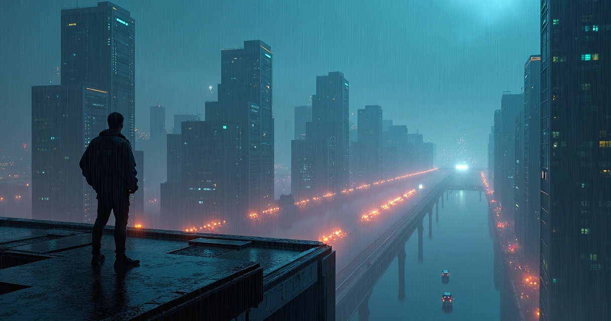Ciudad futurista con neones y lluvia 