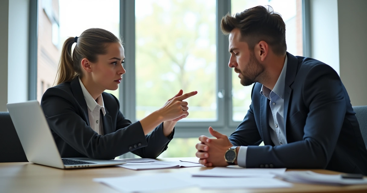 Two staff members at a table with one pointing blame at the other 