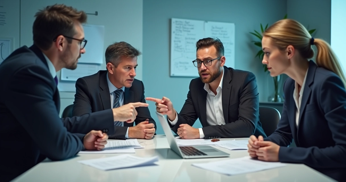Colleagues in office pointing fingers at each other
