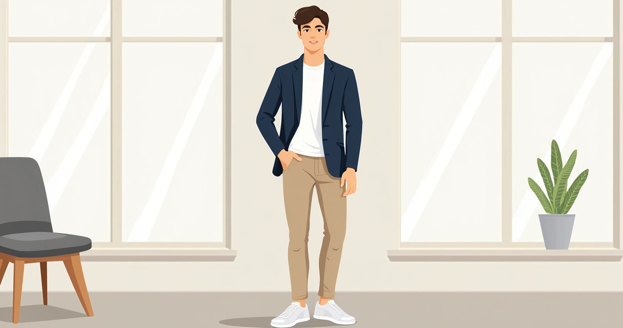 Homem com blazer azul escuro e calça chino bege, pose casual e sorriso sutil