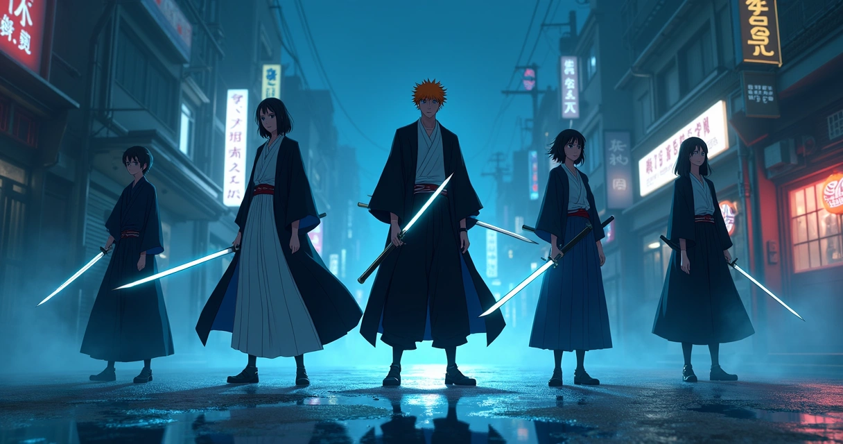 Grupo de personagens de anime com roupas de espadachim, fundo de cidade japonesa estilizada, atmosfera misteriosa 