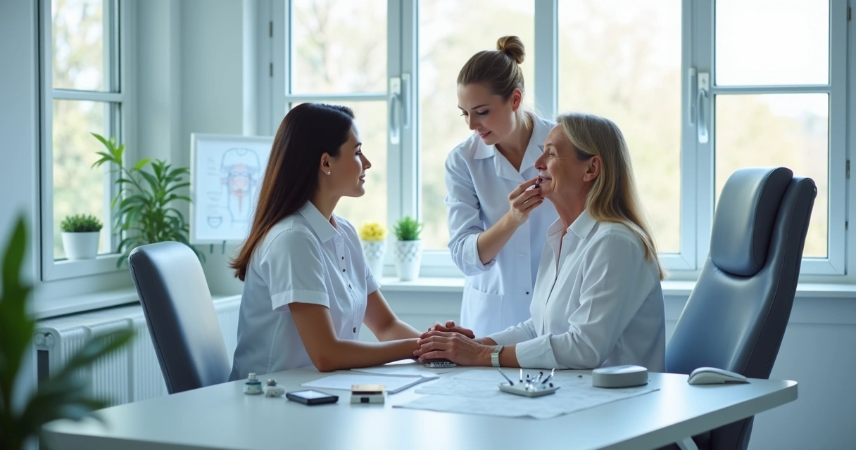 Cirurgiã plástica avaliando rosto de paciente em consultório moderno 