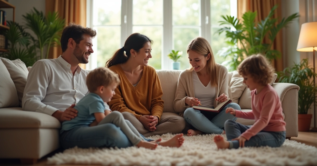 Blended family relaxing together in a living room, some members talking together while one child sits alone reading in a corner. 
