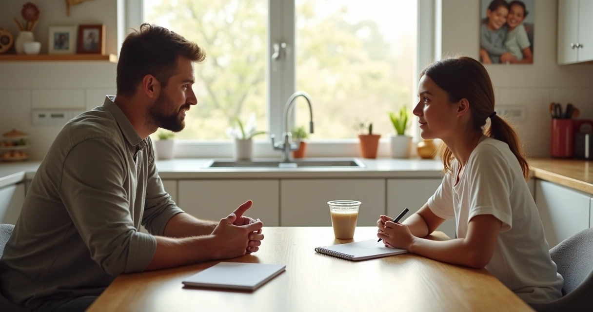 Step-parent and teenage child talking at a kitchen table, both listening and respectful. 