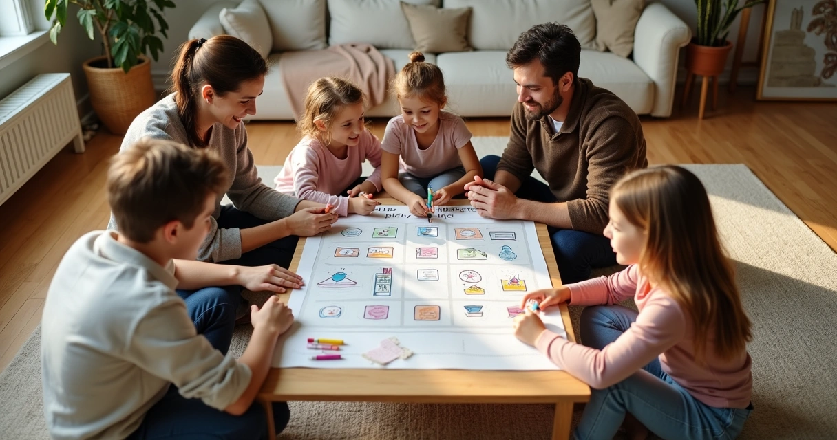 Blended family gathered on living room floor creating a shared routine chart together 