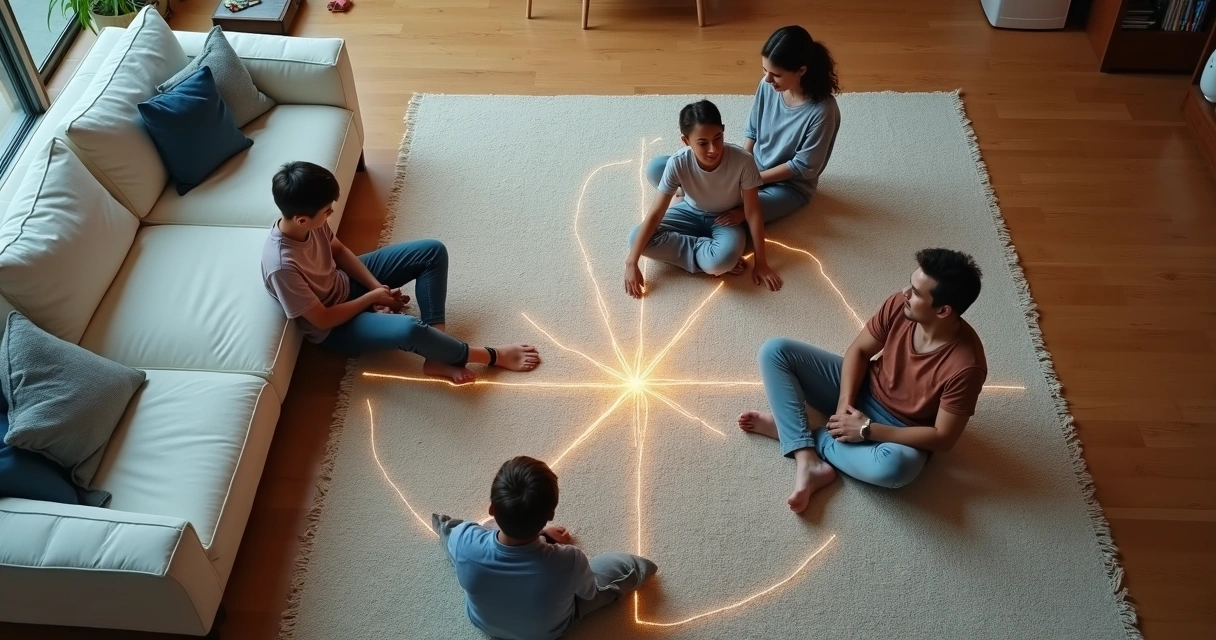 Blended family seen from above with subtle glowing lines hinting at hidden alliances 