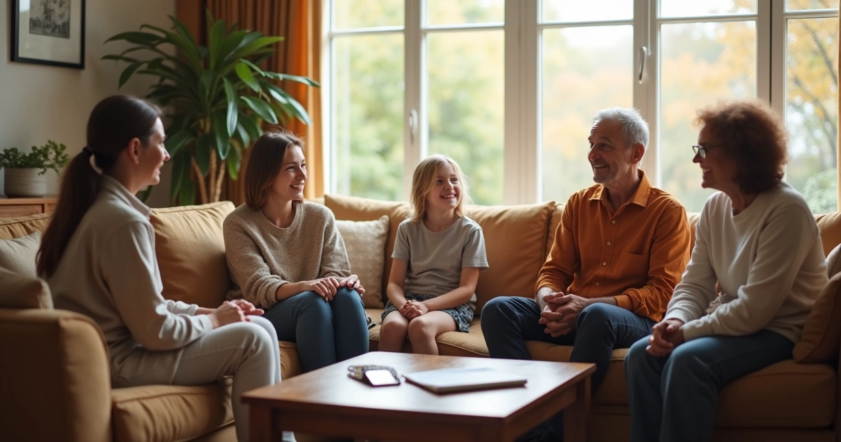 Blended family talking calmly in a living room circle