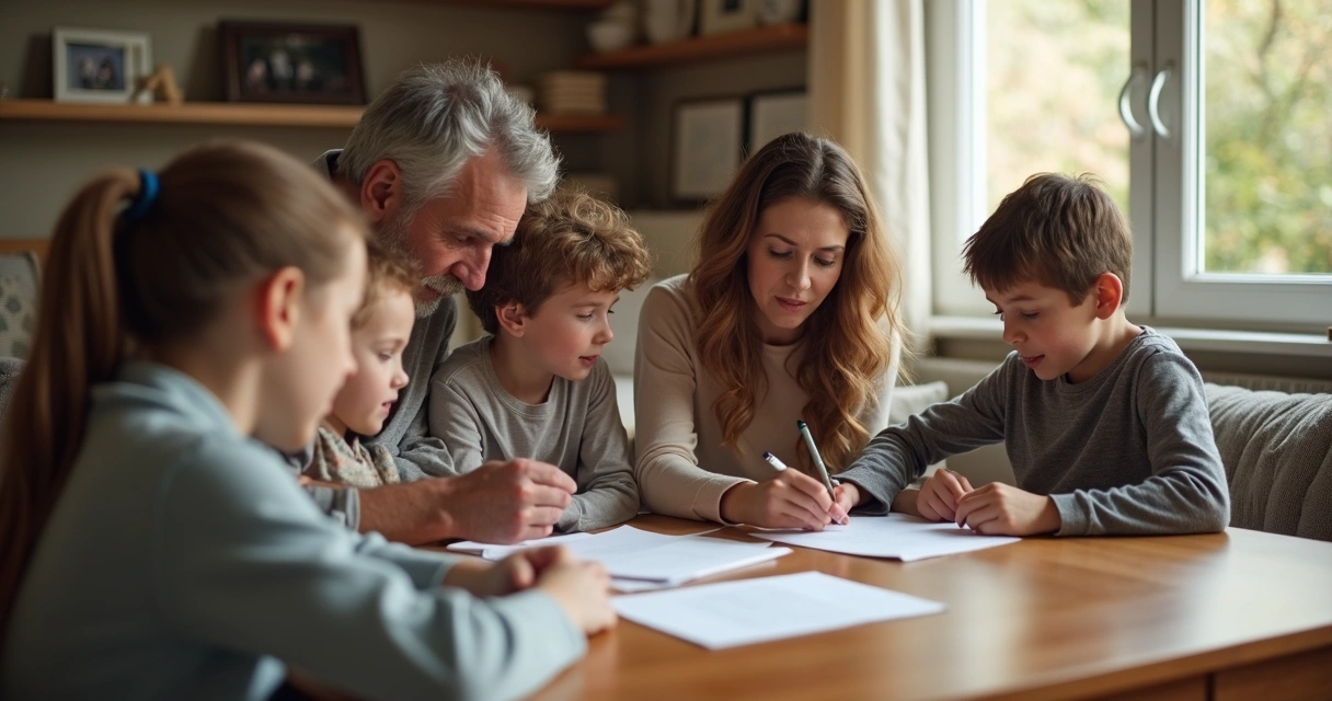 Blended family sitting together at a living room table, discussing documents with a calm atmosphere.