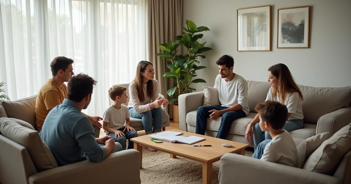 Blended family of different ages sitting together around a coffee table with a notebook, calmly discussing boundaries at home 