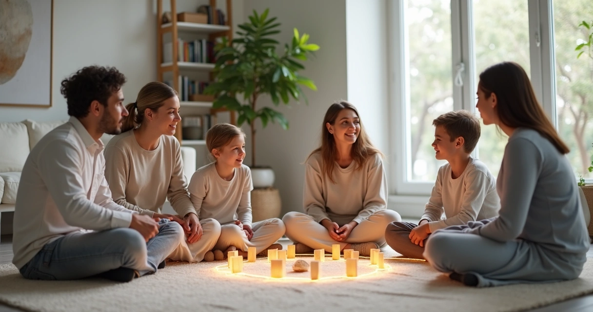 Blended family sitting together with glowing lines connecting them 