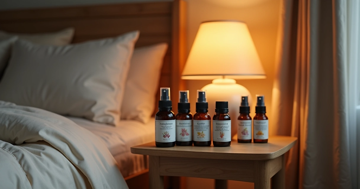 Sprays e blends de aromaterapia e florais ao lado de uma cama 