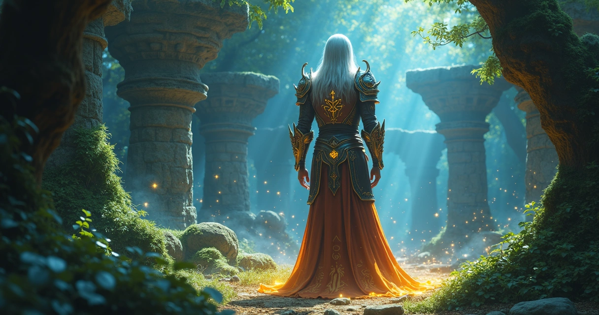 Personagem de Tibia com armadura brilhante recebendo bênçãos místicas em cenário de floresta fantástica 