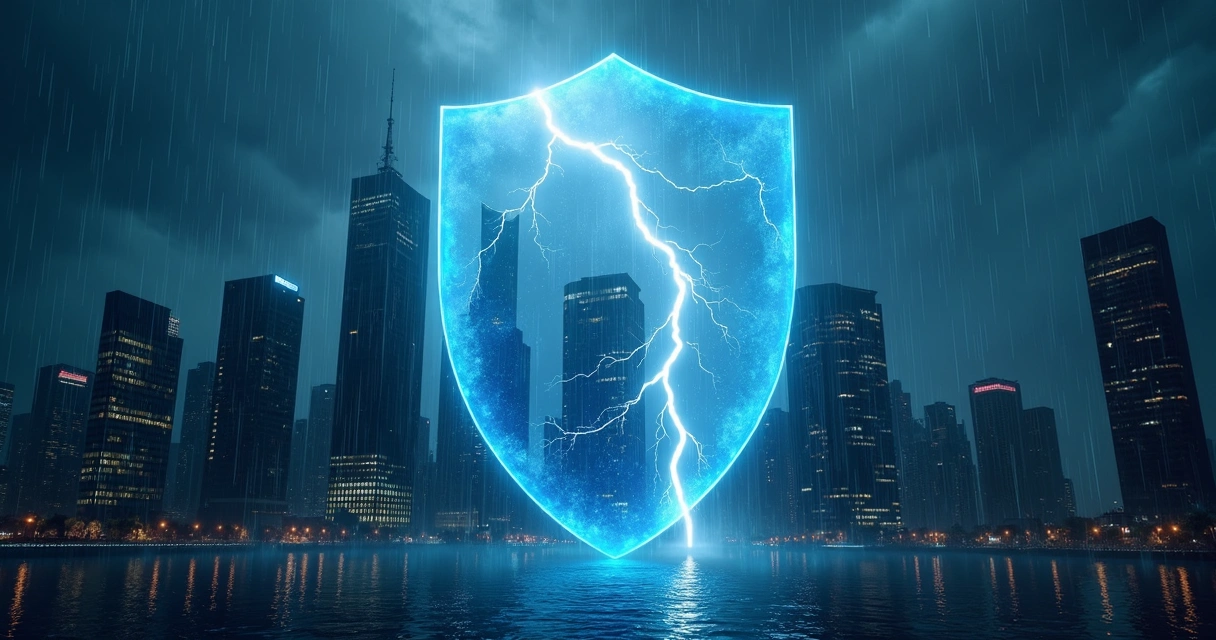 Escudo transparente protegendo edifícios de tempestade 