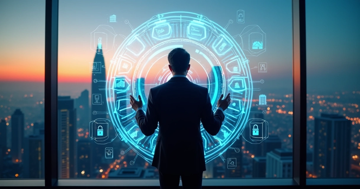 Executivo diante de cidade futurista protegida por escudo digital 