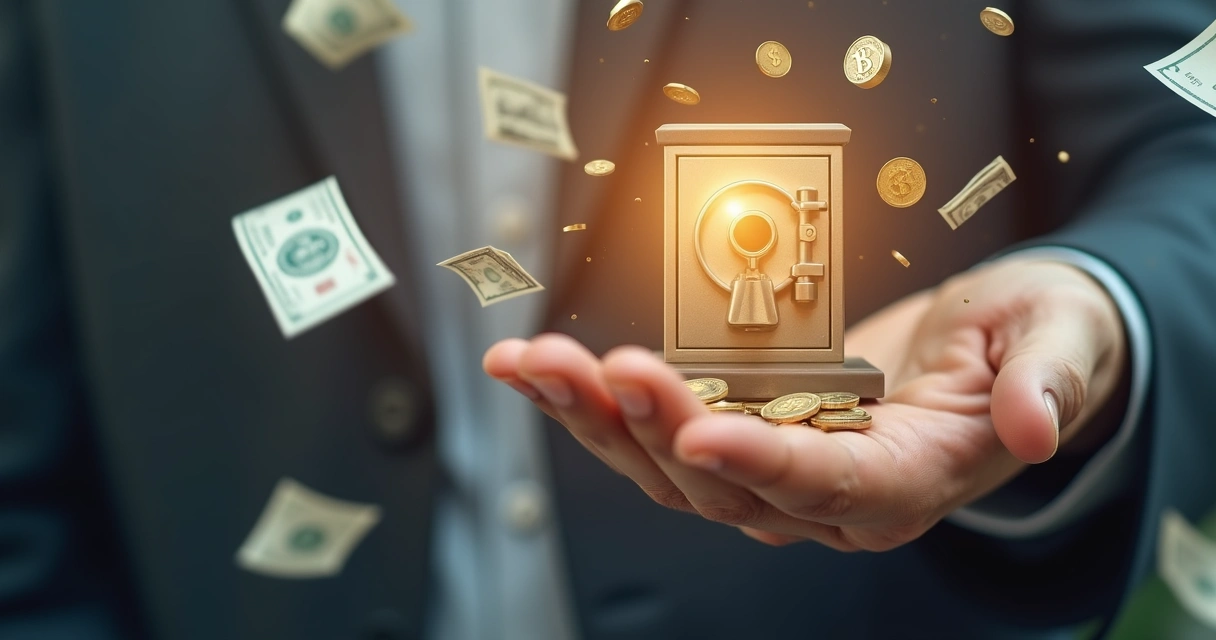 Uma mão protegendo um cofre metálico com símbolos de moedas e documentos ao redor 