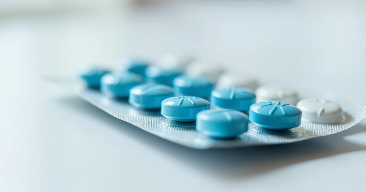 Blister de medicamentos com comprimidos azuis de PrEP destacados sobre fundo branco.