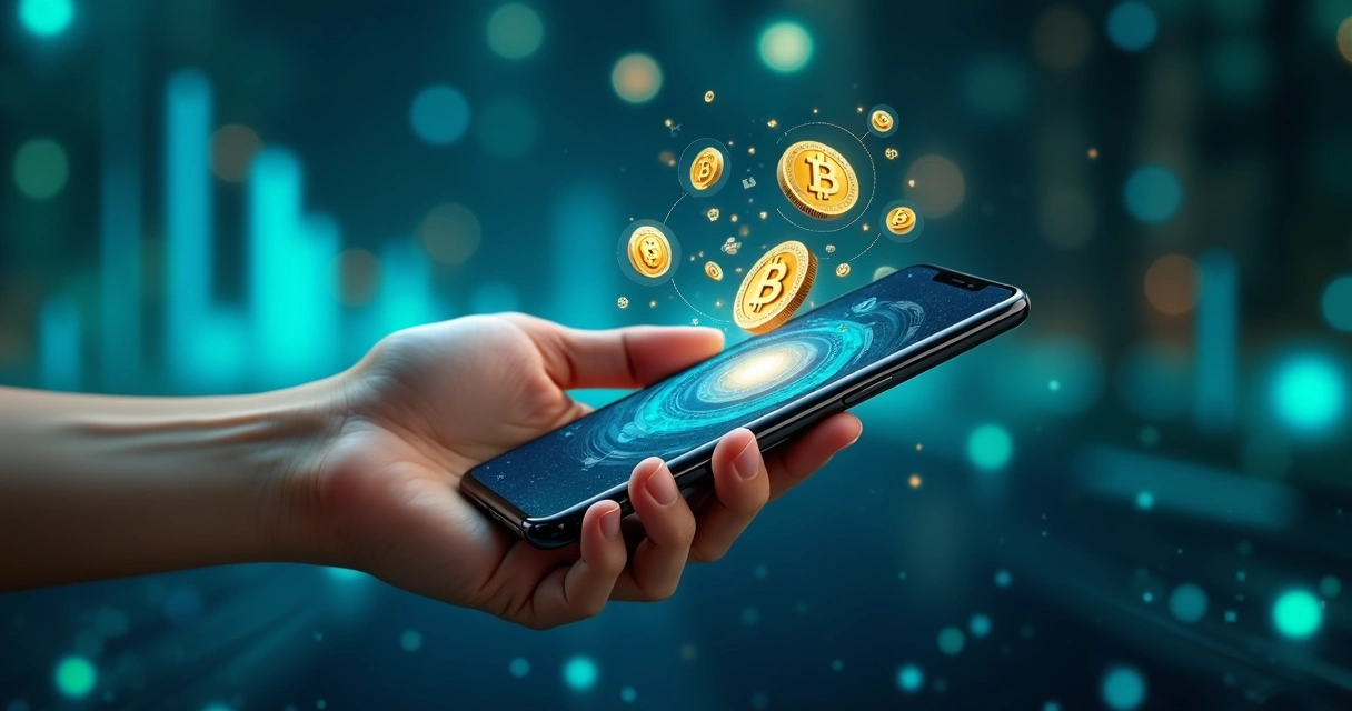 Ilustração realista de uma mão segurando um smartphone exibindo um aplicativo com símbolo de blockchain, moedas digitais e ícones de cashback ao redor 