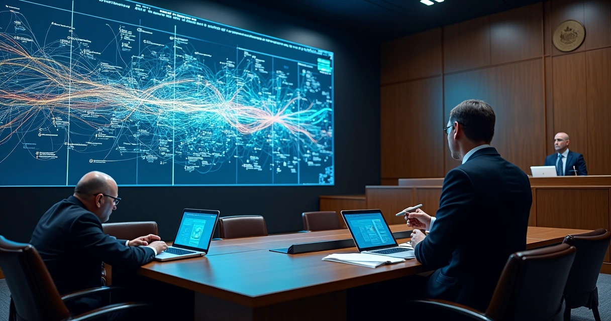 Digital forensic expert in courtroom presenting complex blockchain transaction graph 