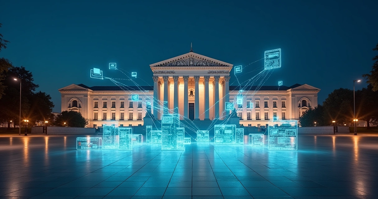 Prédio governamental com transações blockchain sobrepostas em cenário noturno 