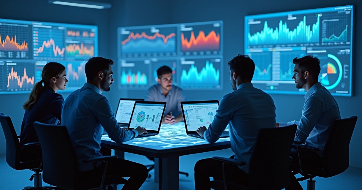 Pessoas analisando gráficos de blockchain em previsão de mercado 