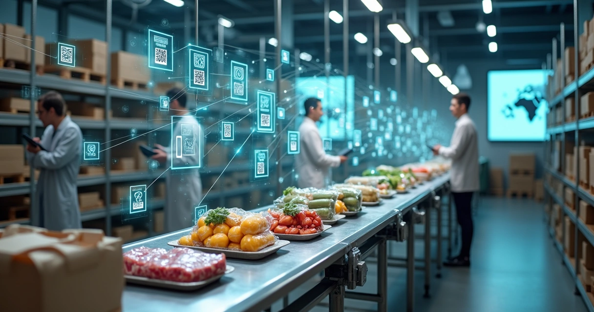 Rede de blockchain ao redor de alimentos variados em esteira automatizada 