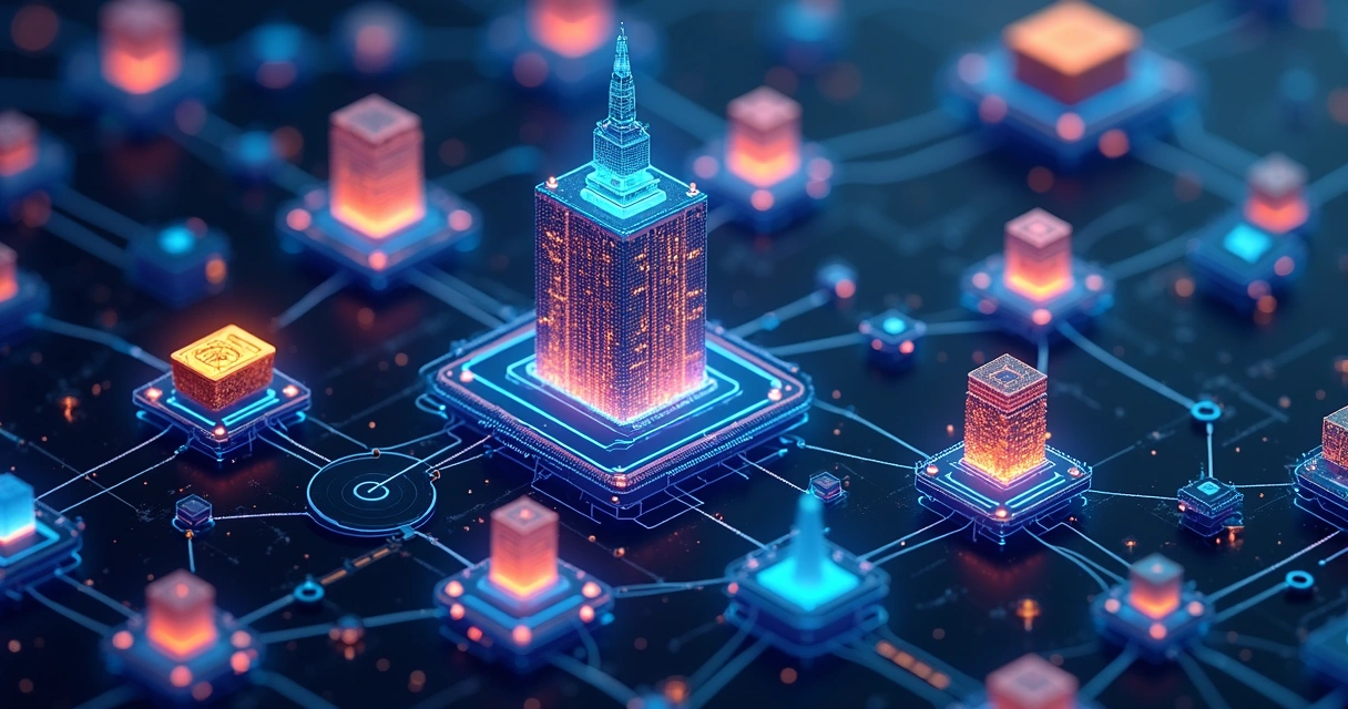 Rede blockchain com conexões digitais entre vários ativos e tokens 