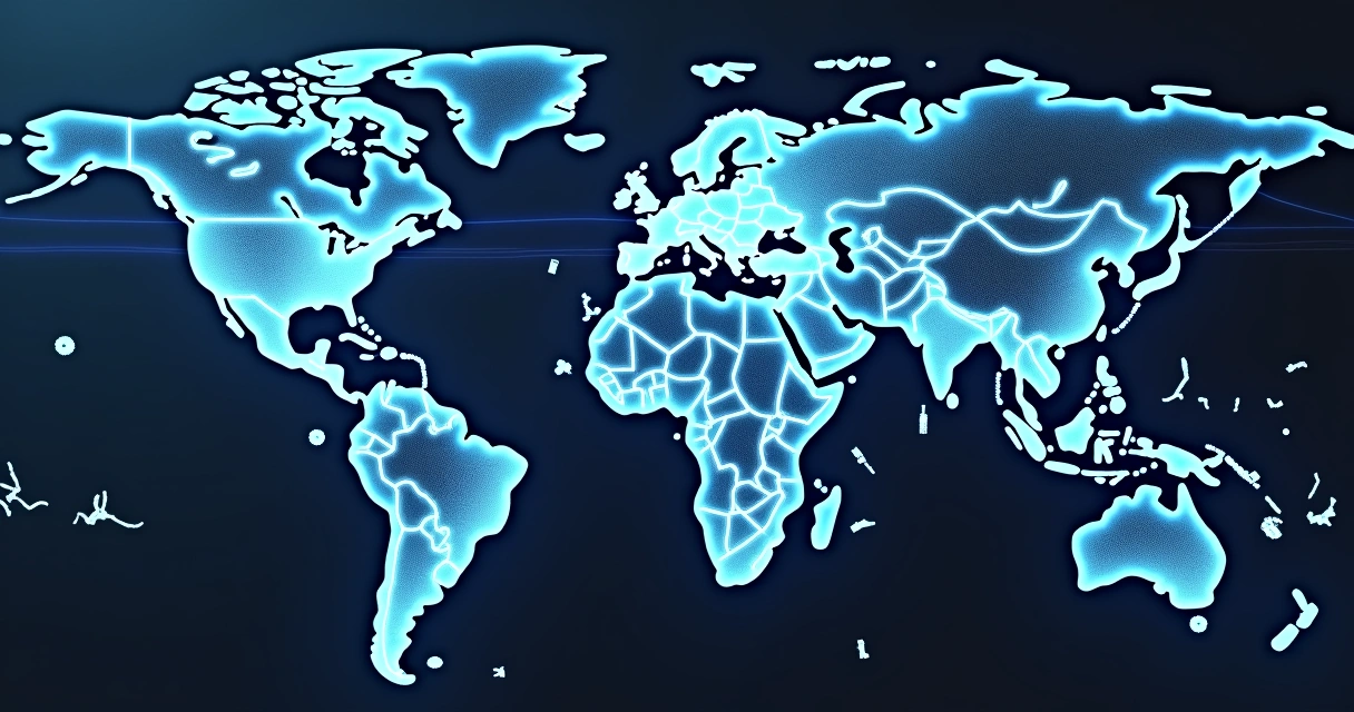 Blockchain symbols over a global supply chain map 