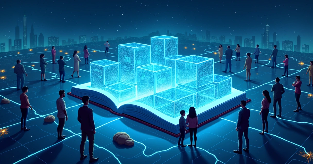 Ilustração de um livro digital simbolizando tecnologia blockchain, com blocos, pessoas e uma cidade futurista ao fundo.
