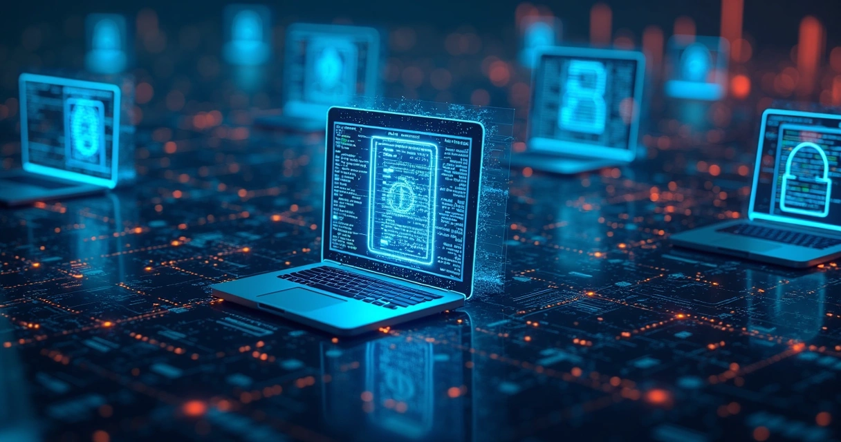 Ilustração didática de um registro blockchain interligado em vários computadores 