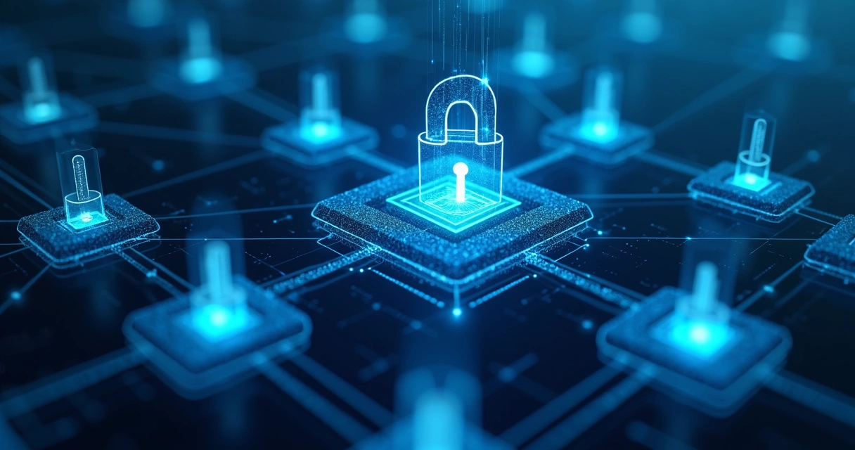 Gráfico digital mostrando transparência de dados com blocos conectados em azul 