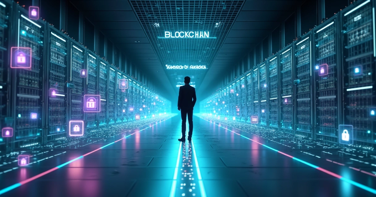 Corredor escuro com caminho digital dividido entre blockchain e banco de dados tradicional 