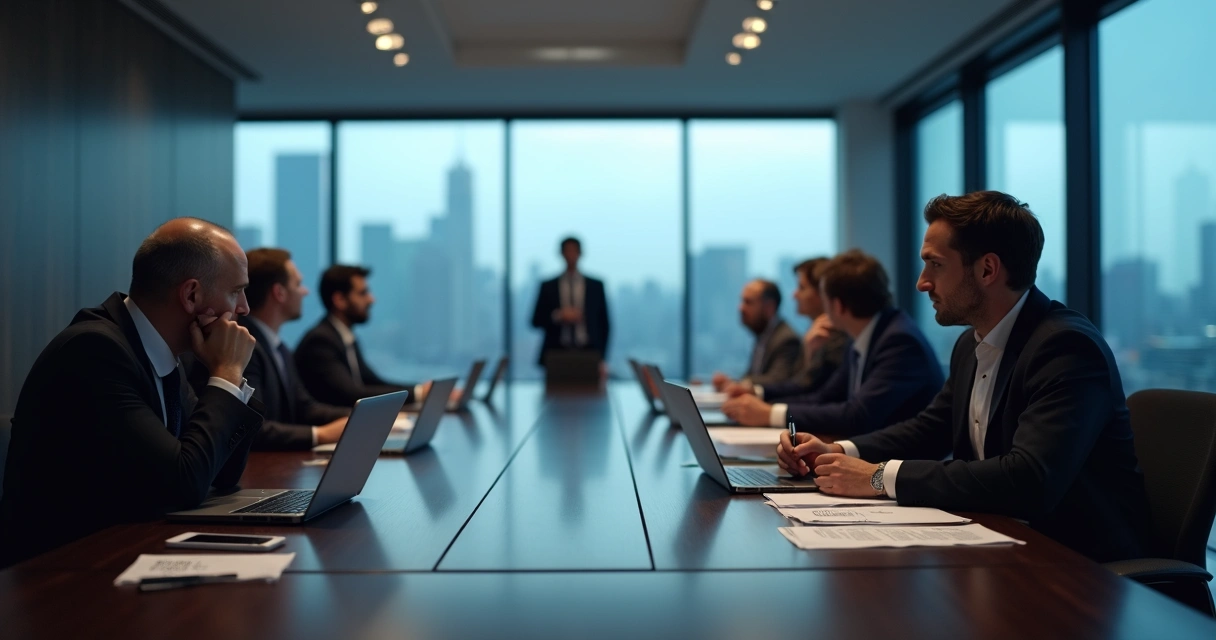 Executives in a bright office separated by an invisible glass barrier during a tense meeting 