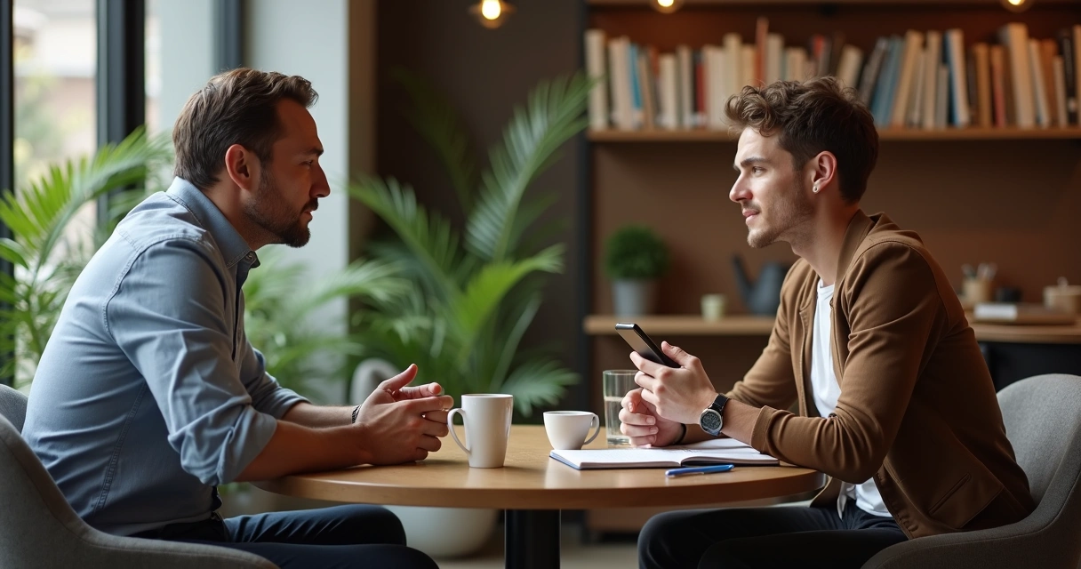 Two people at a café table showing disconnection while one talks and the other looks at their phone 