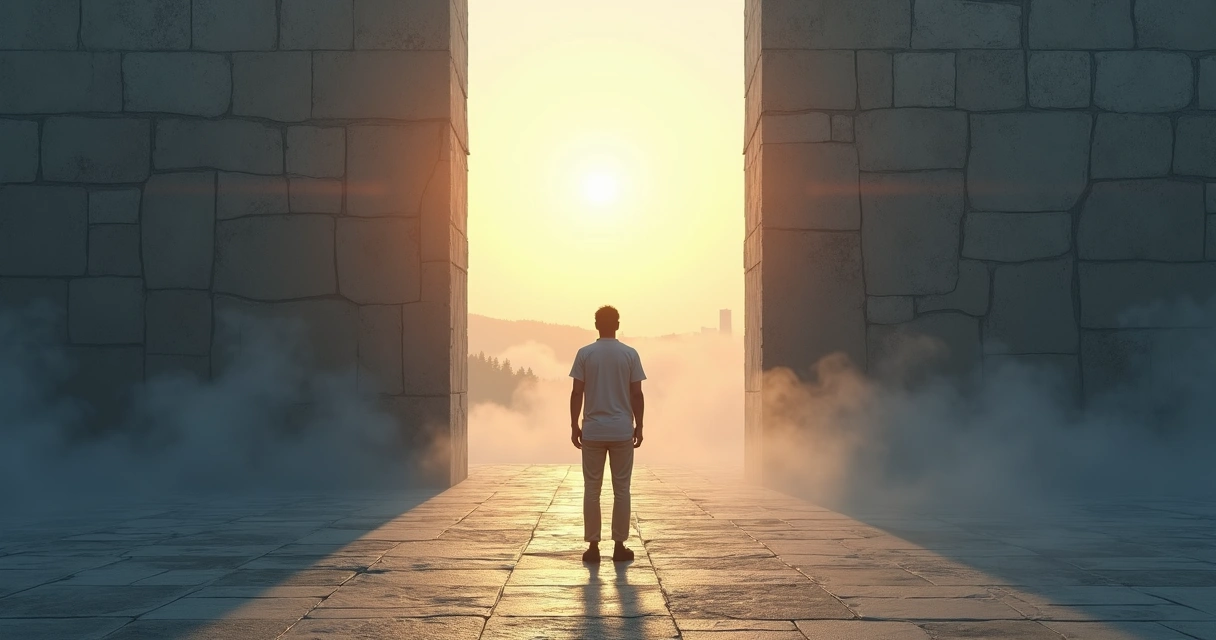 Person standing at a crossroads with a shadow barrier blocking their path 