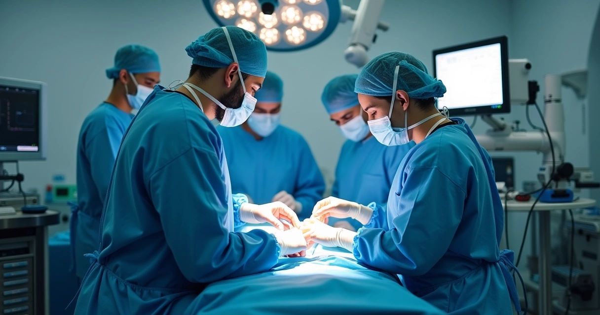 Equipe médica em bloco cirúrgico para prostatectomia 