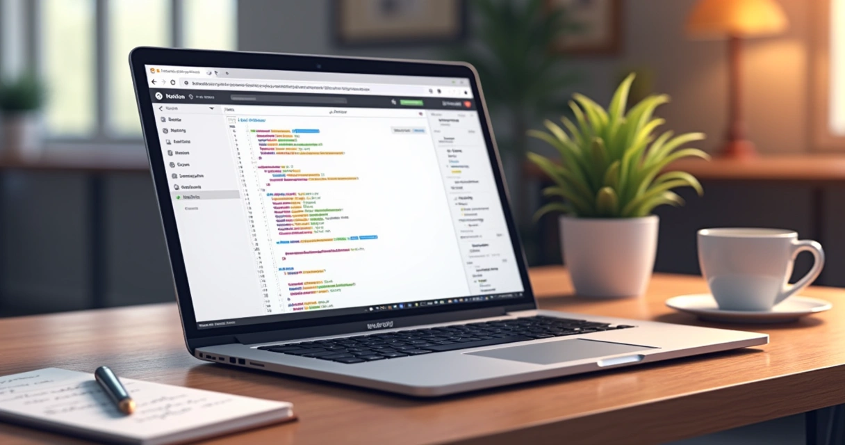 Espaço de trabalho digital com laptop exibindo uma página do Notion e um bloco de código destacado.