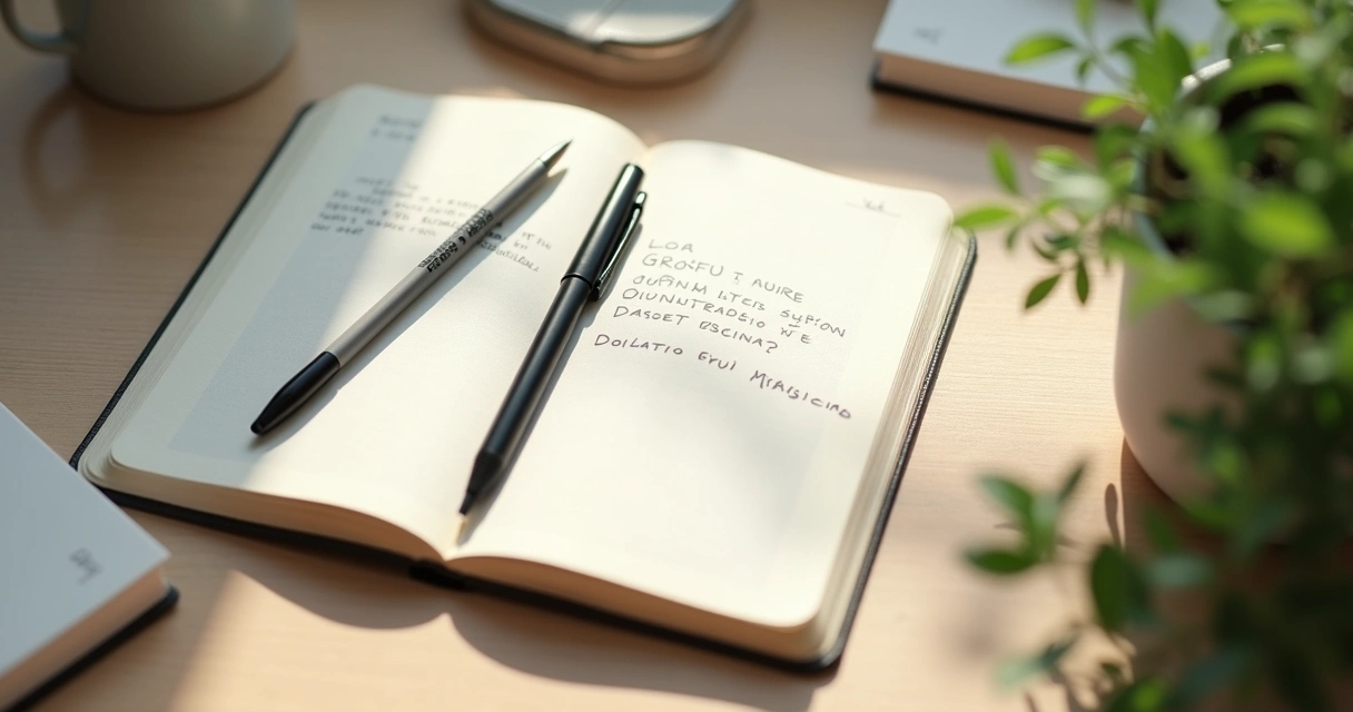 Caderno aberto com perguntas escritas à mão e caneta ao lado 