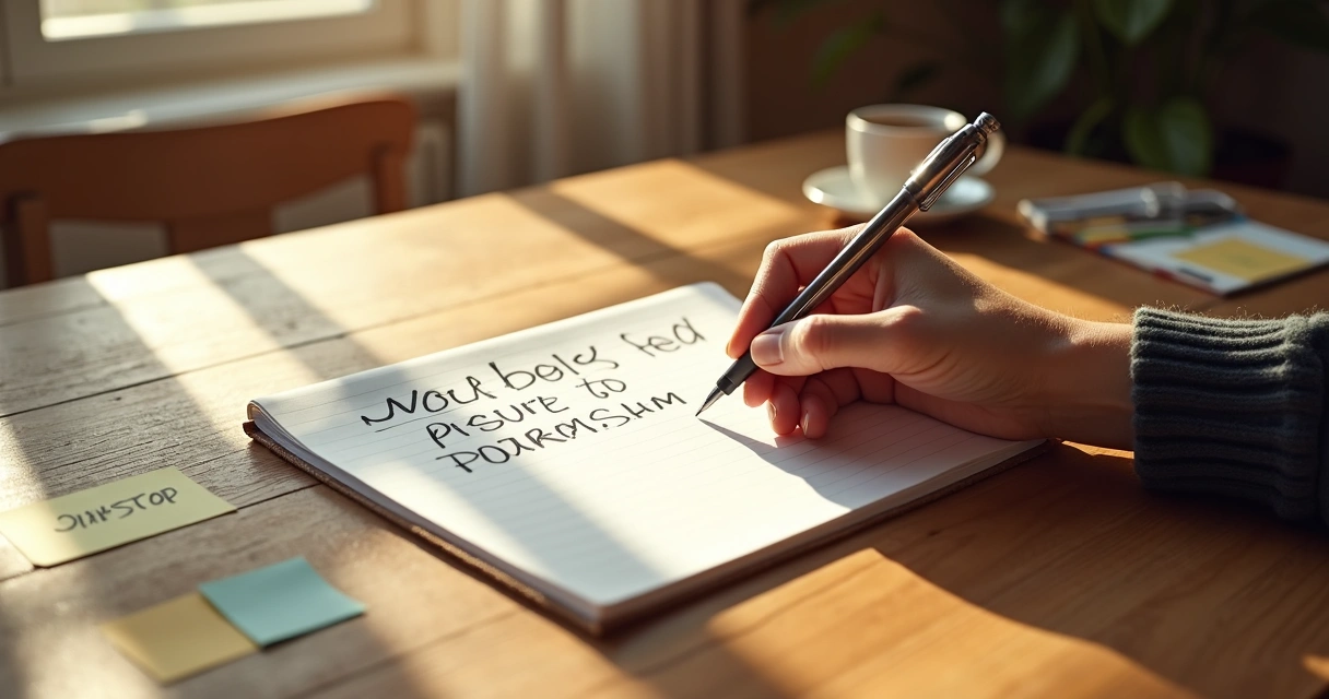 Bloco de notas com reflexões escritas à mão, caneta ao lado