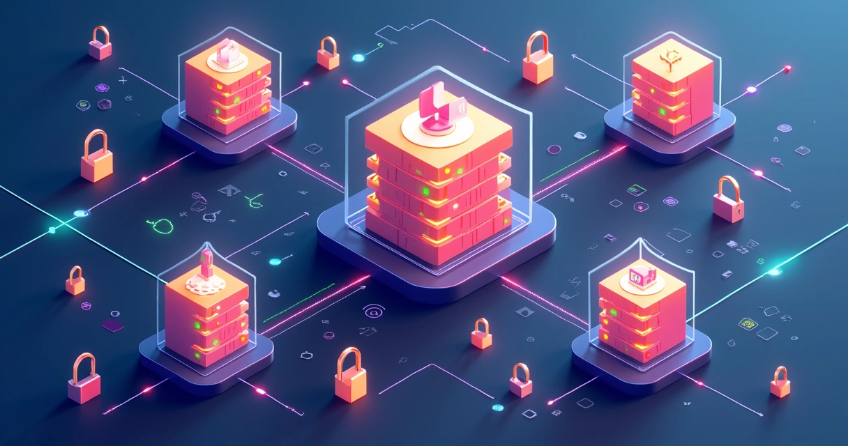 Diagrama colorido mostrando registros de segurança sendo gravados em blocos digitais 
