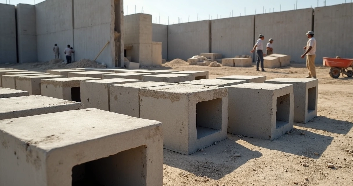 Blocos de concreto alinhados em uma obra 