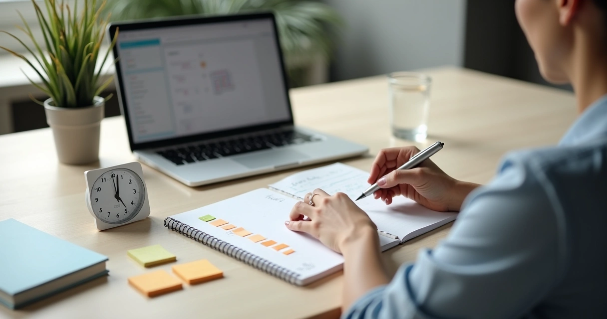 Pessoa organizando blocos de trabalho em mesa com timer e caderno 