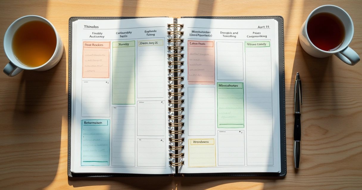 Agenda aberta com blocos de tempo destacados em cores.